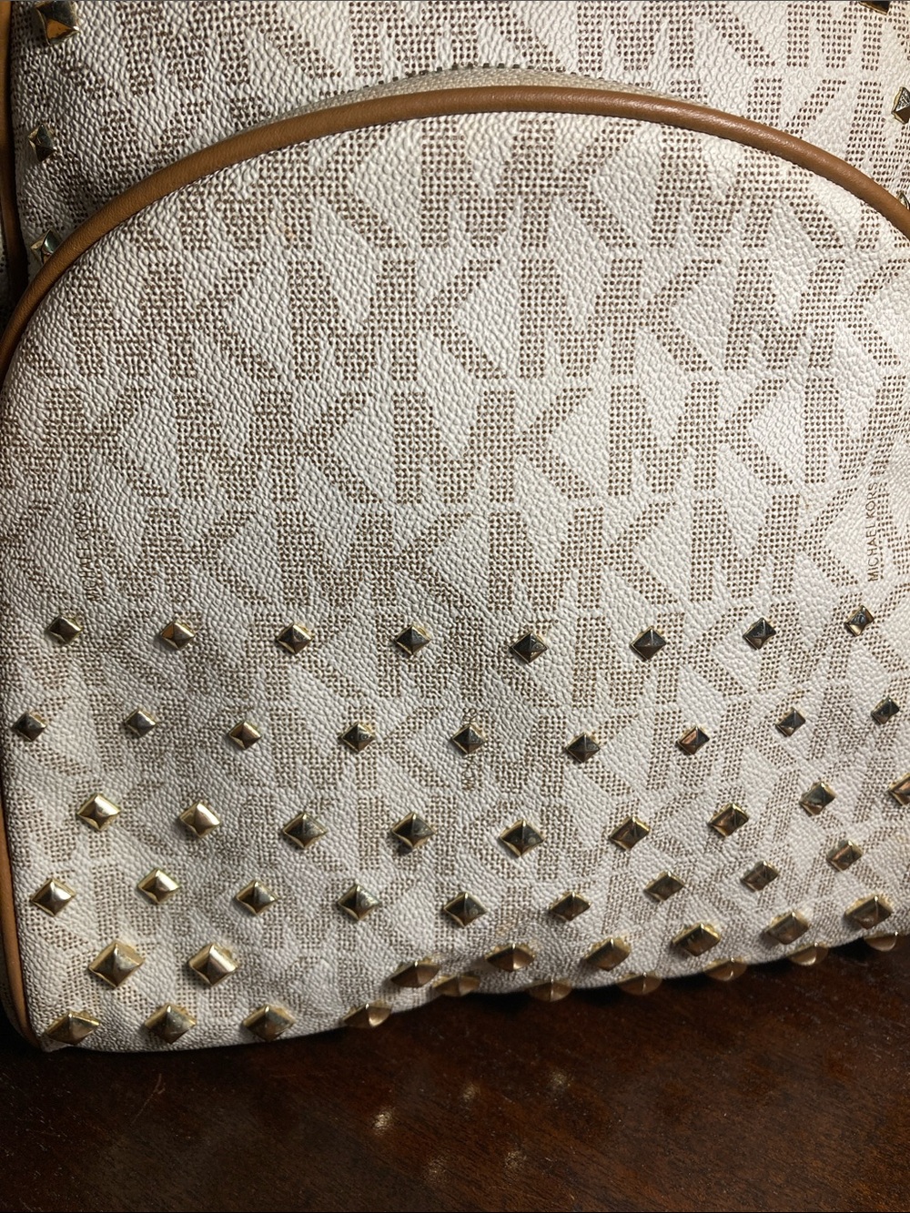Michael Kors Cream and Tan MK Logo Studded Abbey Medium Backpack - Picture 3 of 12